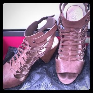 Vince Camuto taupe cage-style heeled sandals.